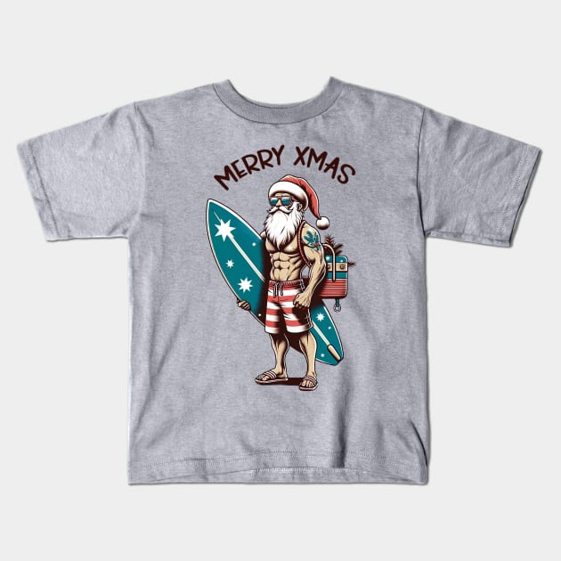 Surfer Santa Claus, Christmas Kids T-Shirt by WorldByFlower